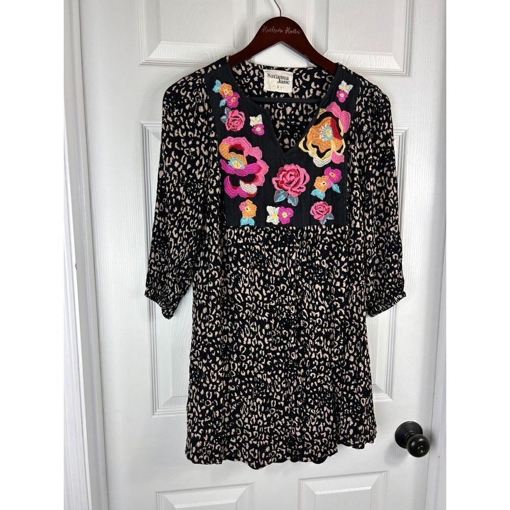 Savanna Jane Women Shirt Dress Black Size S Embroidered Animal Boho Swing E3 - Picture 2 of 12
